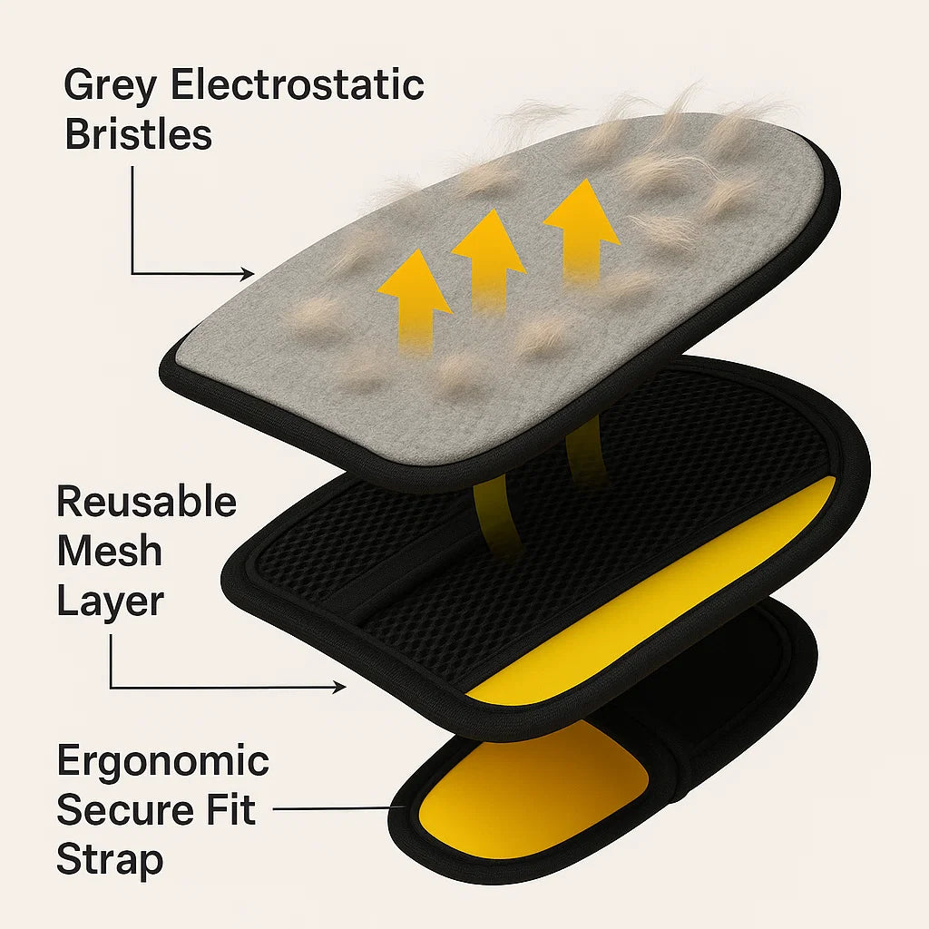 3D cutaway showing electrostatic bristles, reusable mesh layer, and ergonomic secure-fit strap.
