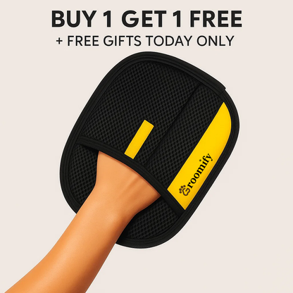 Buy 1 Get 1 Free Groomify™ pet hair removal glove with yellow accent on neutral background.