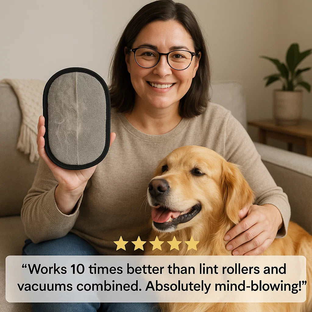 Smiling pet owner holding Groomify™ glove beside her dog with five-star review text.