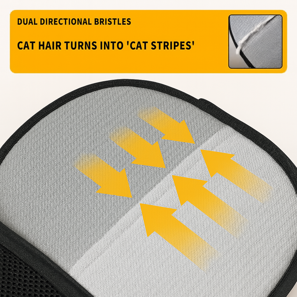 Close-up of Groomify™ grey electrostatic surface with dual-direction arrows capturing pet hair