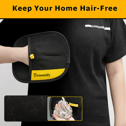 Groomify™ glove removing hair from a black shirt with close-up of peeled fur clump.