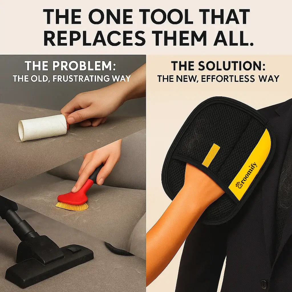 Replace lint rollers and bulky vacuums with Groomify™ glove, the simple pet hair solution