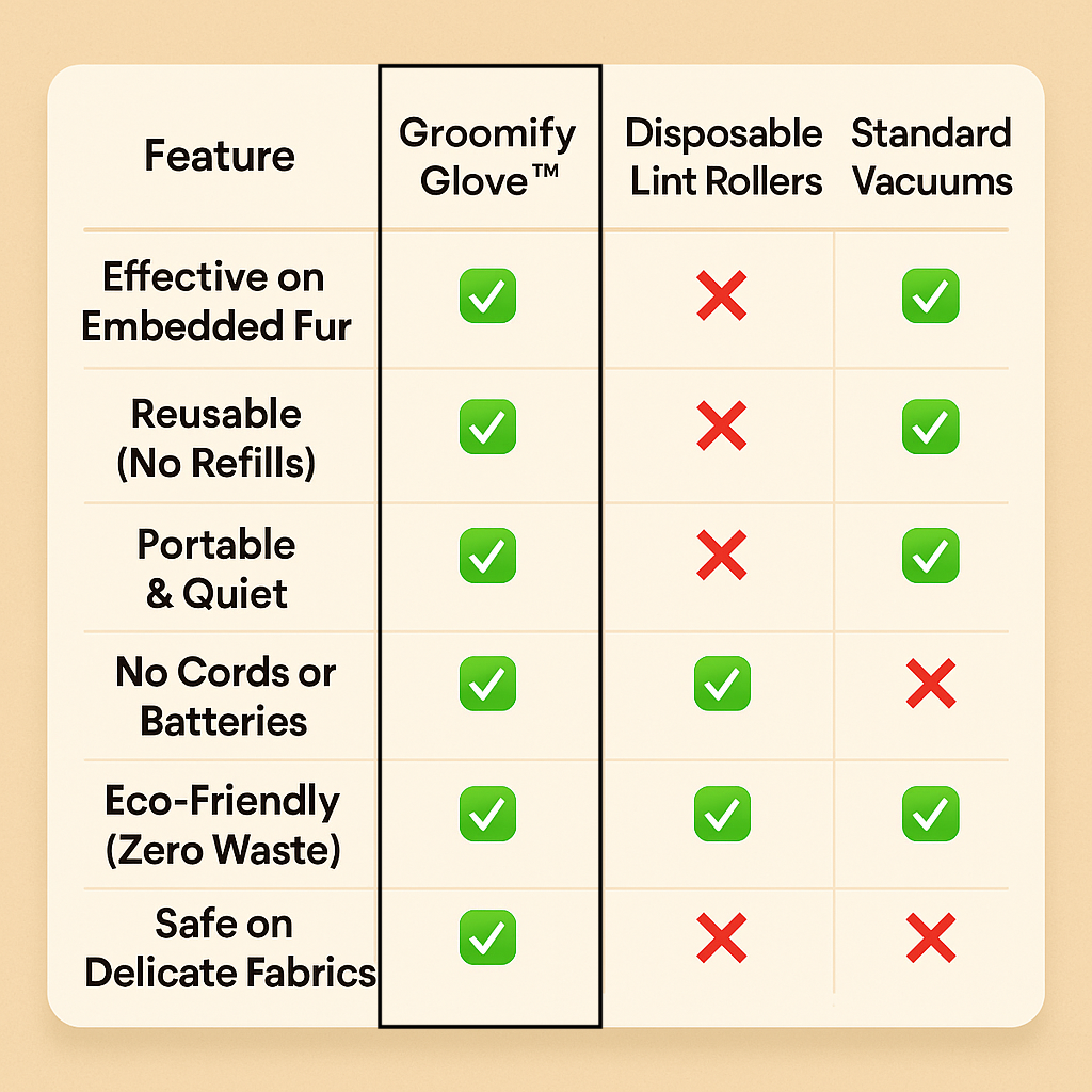 Chart comparing Groomify™ glove vs lint rollers and vacuums for reusable, eco-friendly hair removal.